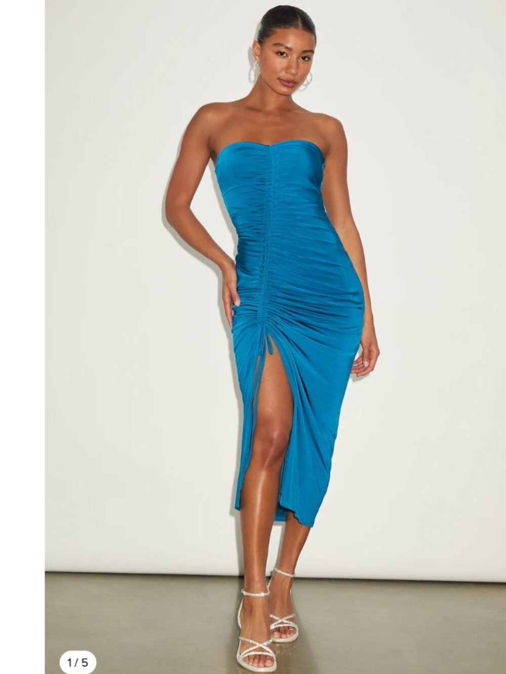 Lulu's Eliska Teal Blue Slinky Drawstring Ruched Strapless Midi Dress